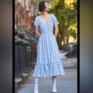 LoveShackFancy NWT Terrence Midi Dress blue floral smocked waist Cottagecore XS